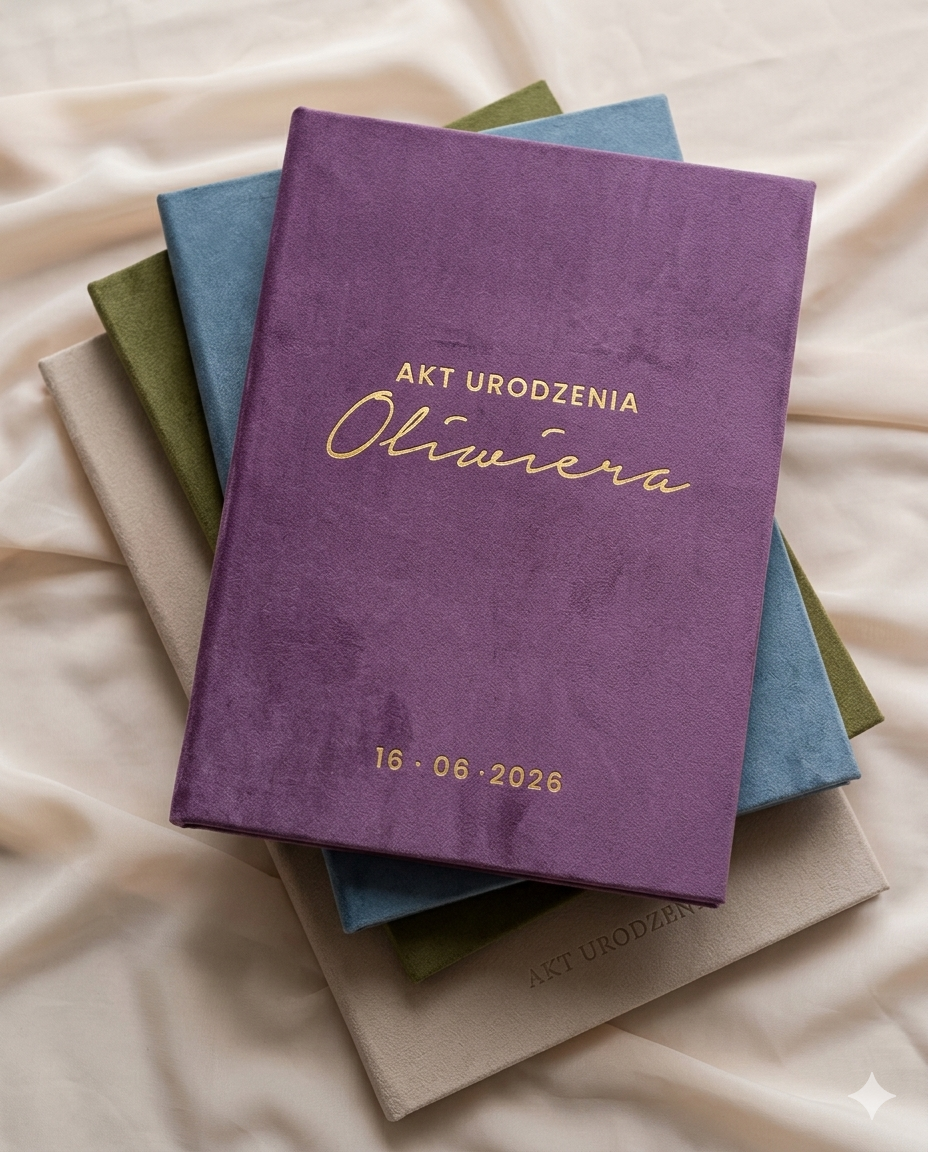 Welurowa teczka na akt urodzenia dziecka