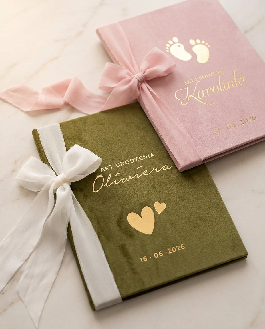 Welurowa teczka na akt urodzenia dziecka
