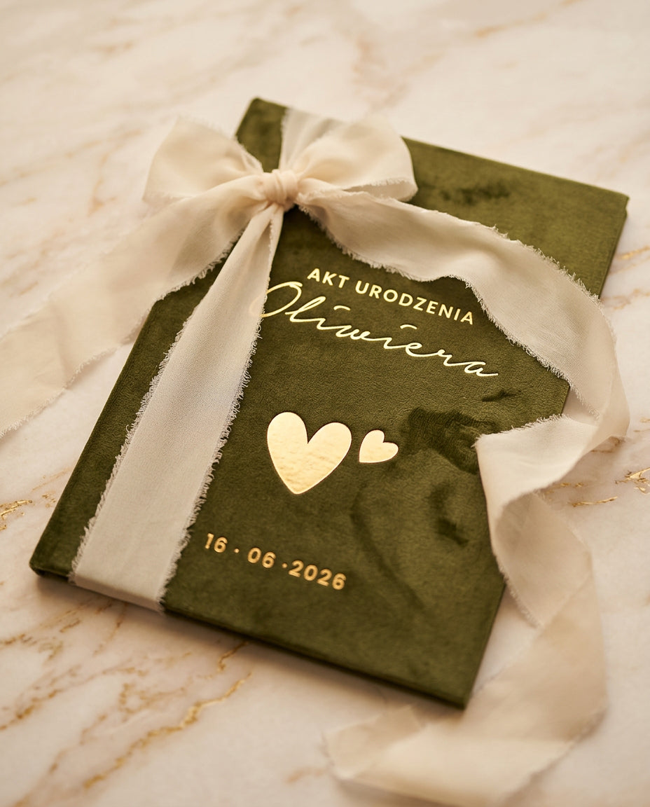 Welurowa teczka na akt urodzenia dziecka